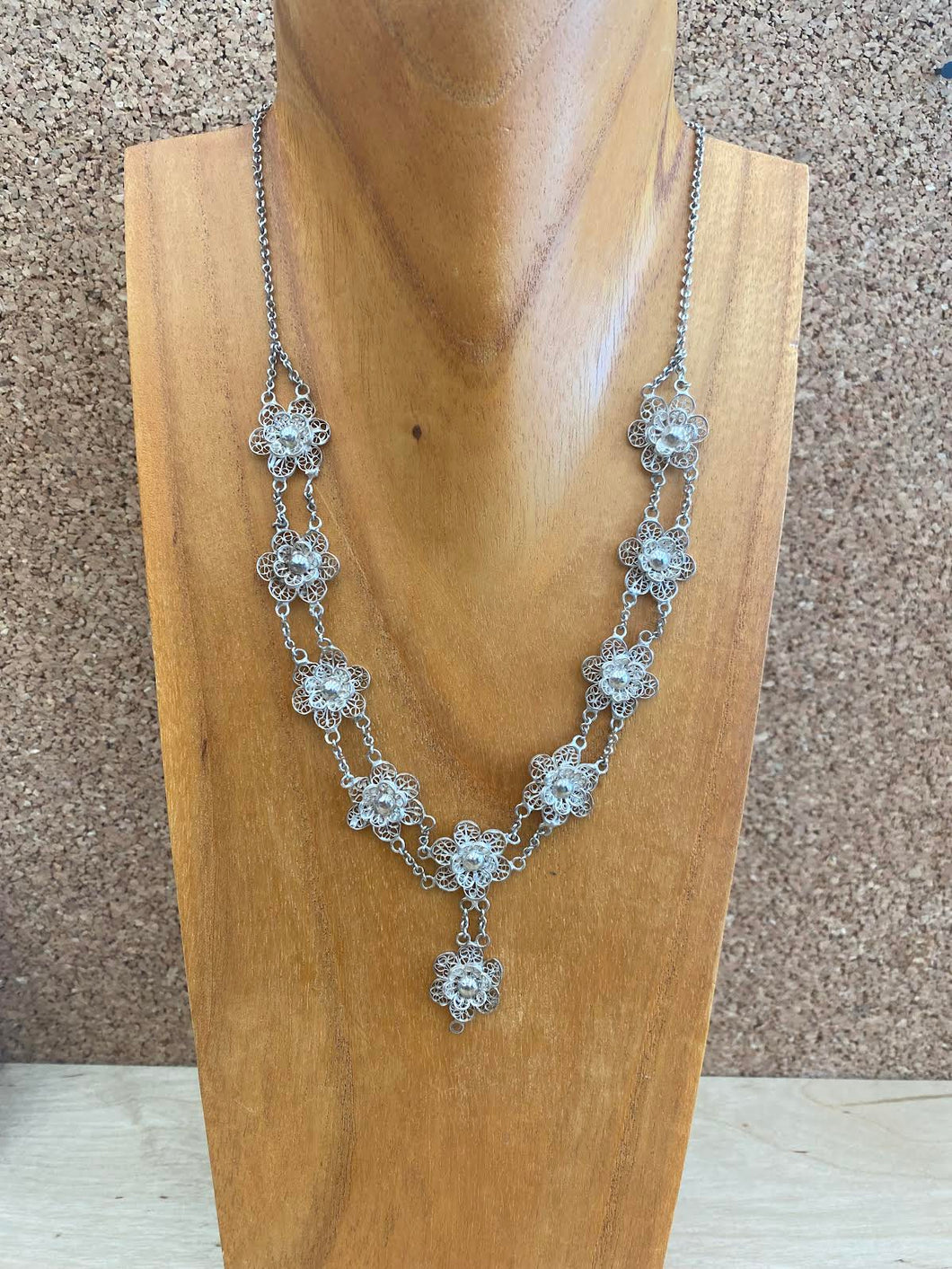 Silver Filigree Flower Drop Vintage Necklace