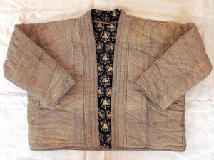 Kimono Jacket Block Print Reversible Quilted Blue Cotton
