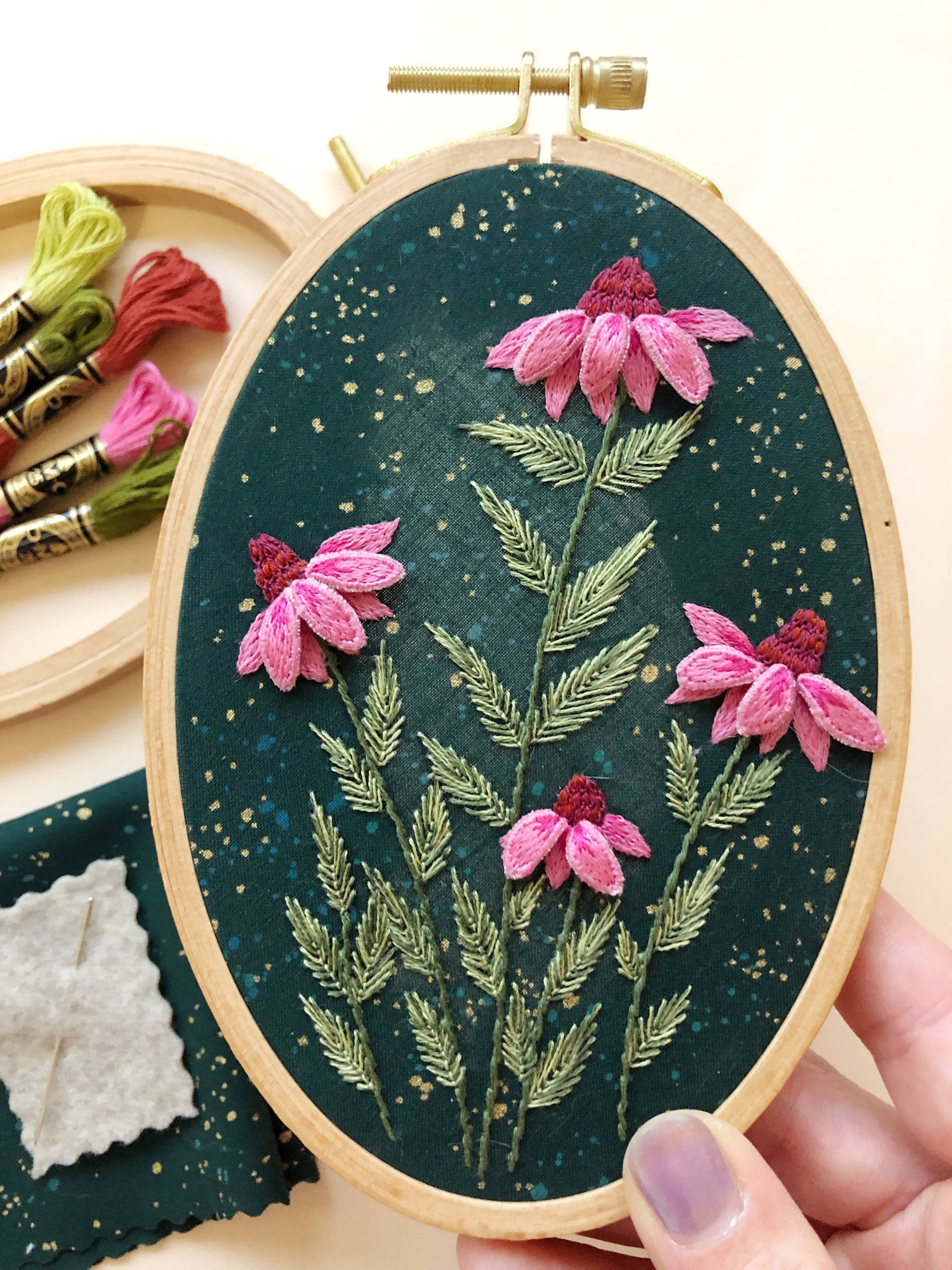 3D Coneflowers - Intermediate Hand Embroidery DIY Craft Kit - These Hands Makers Collective