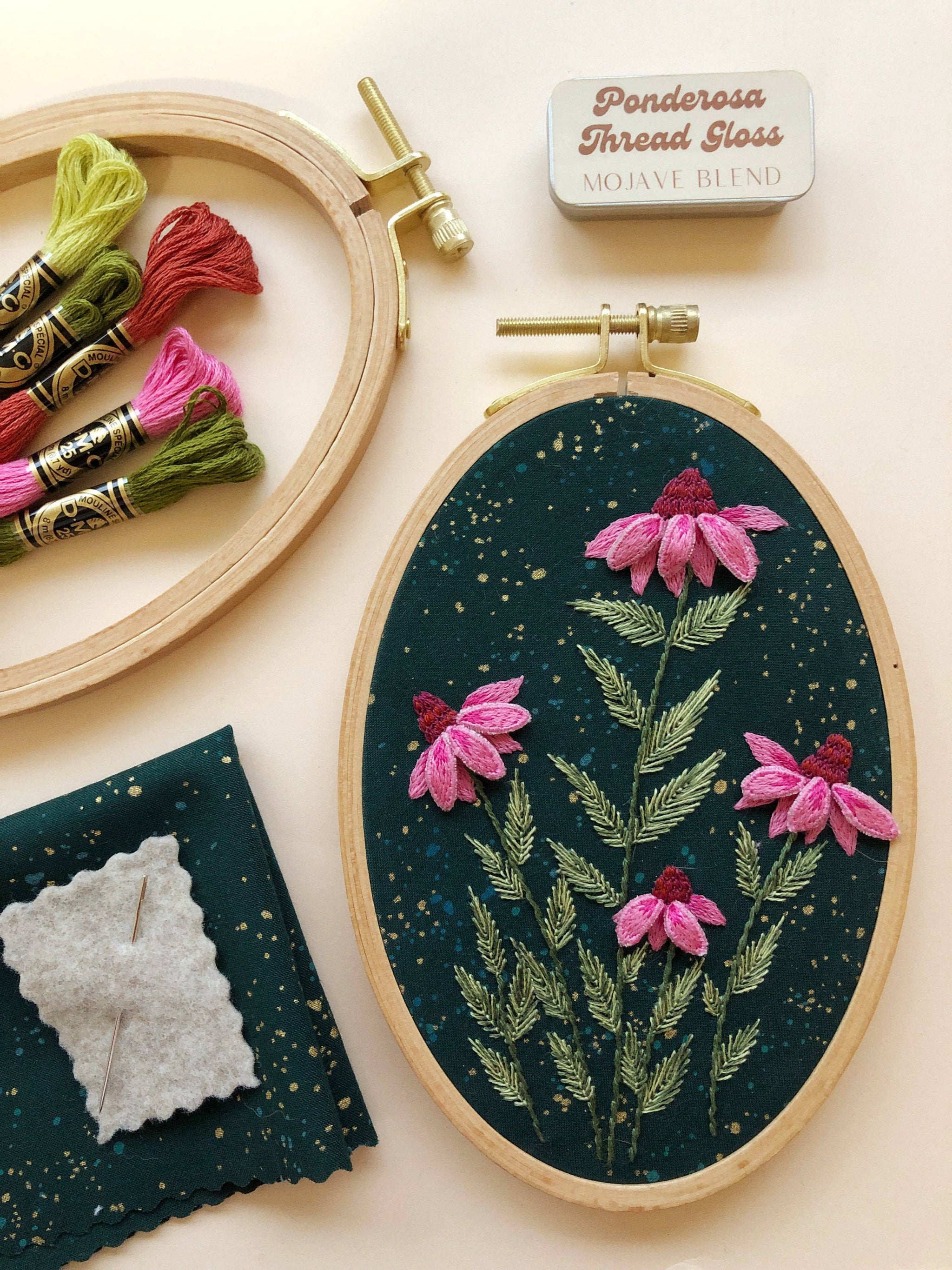 3D Coneflowers - Intermediate Hand Embroidery DIY Craft Kit - These Hands Makers Collective