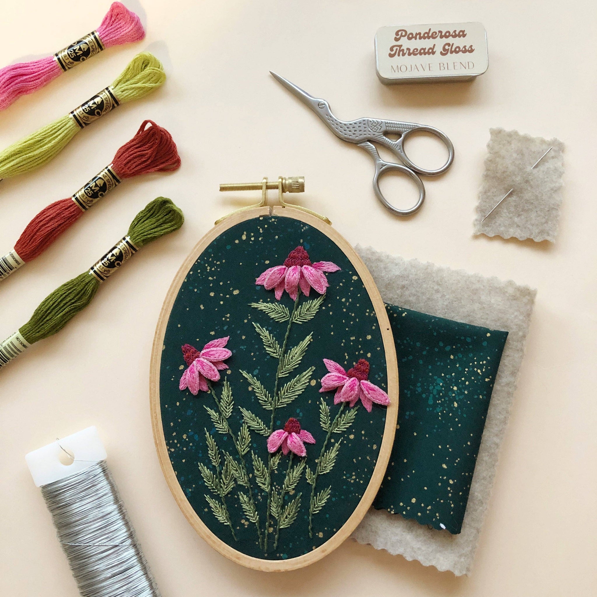 3D Coneflowers - Intermediate Hand Embroidery DIY Craft Kit - These Hands Makers Collective