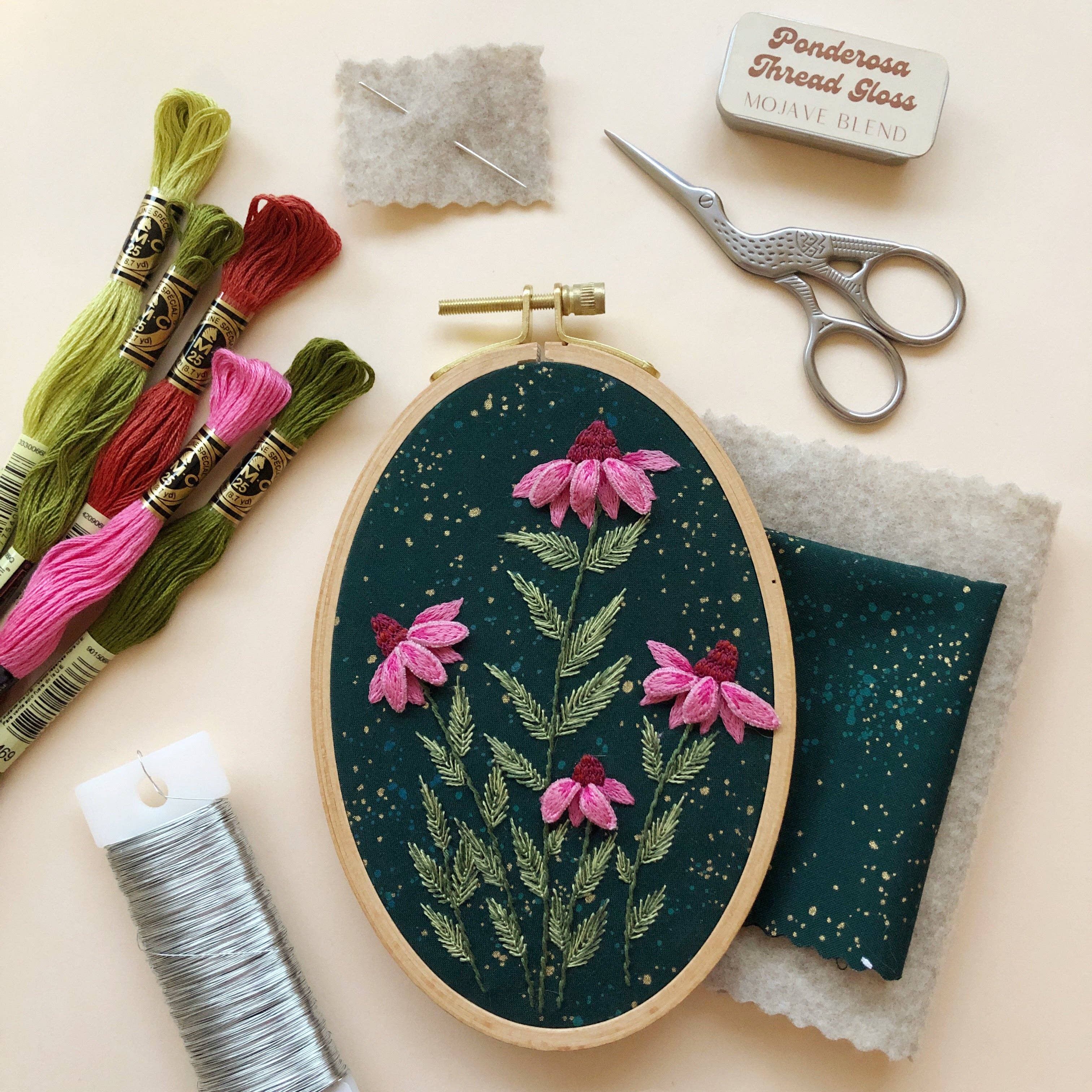 3D Coneflowers - Intermediate Hand Embroidery DIY Craft Kit - These Hands Makers Collective