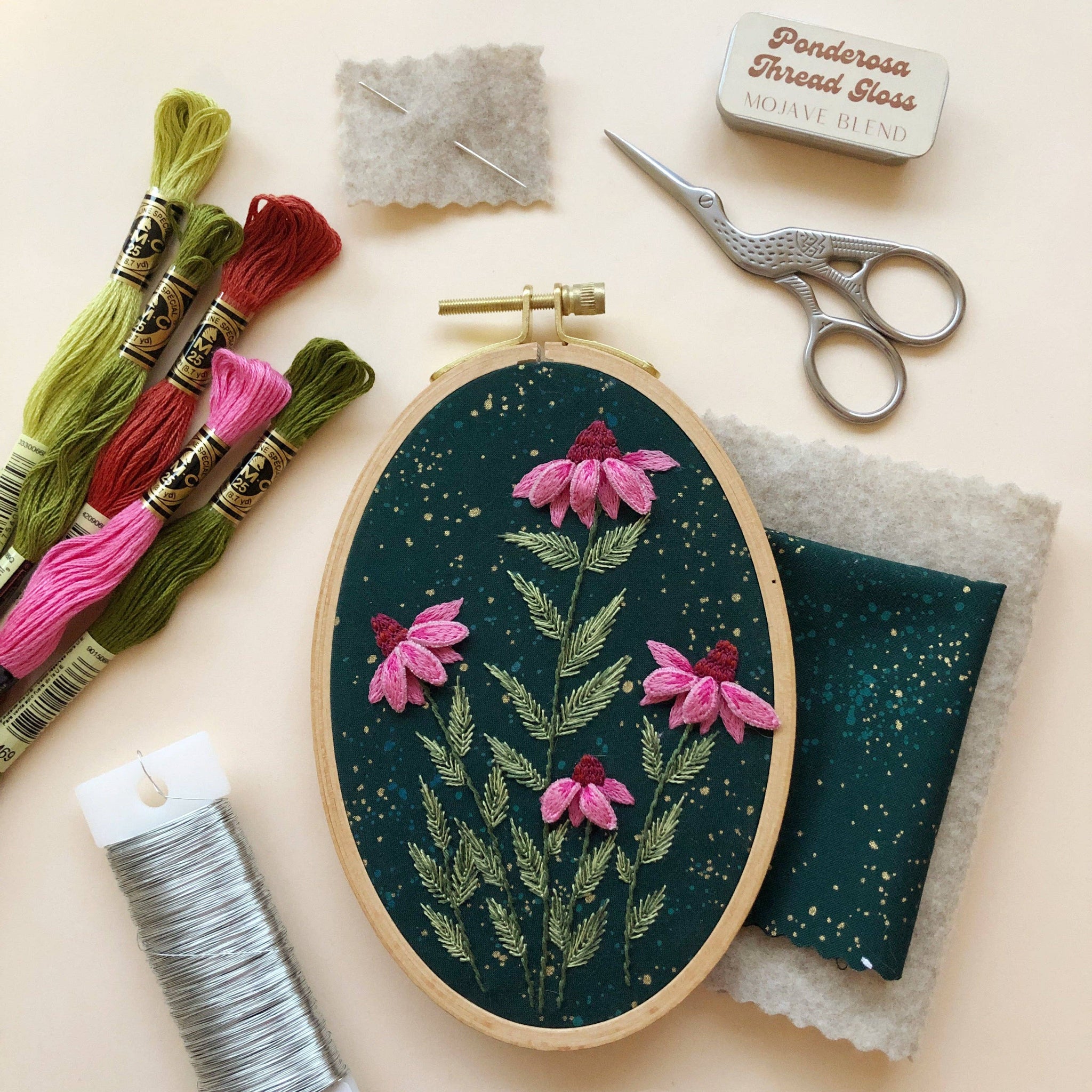3D Coneflowers - Intermediate Hand Embroidery DIY Craft Kit - These Hands Makers Collective