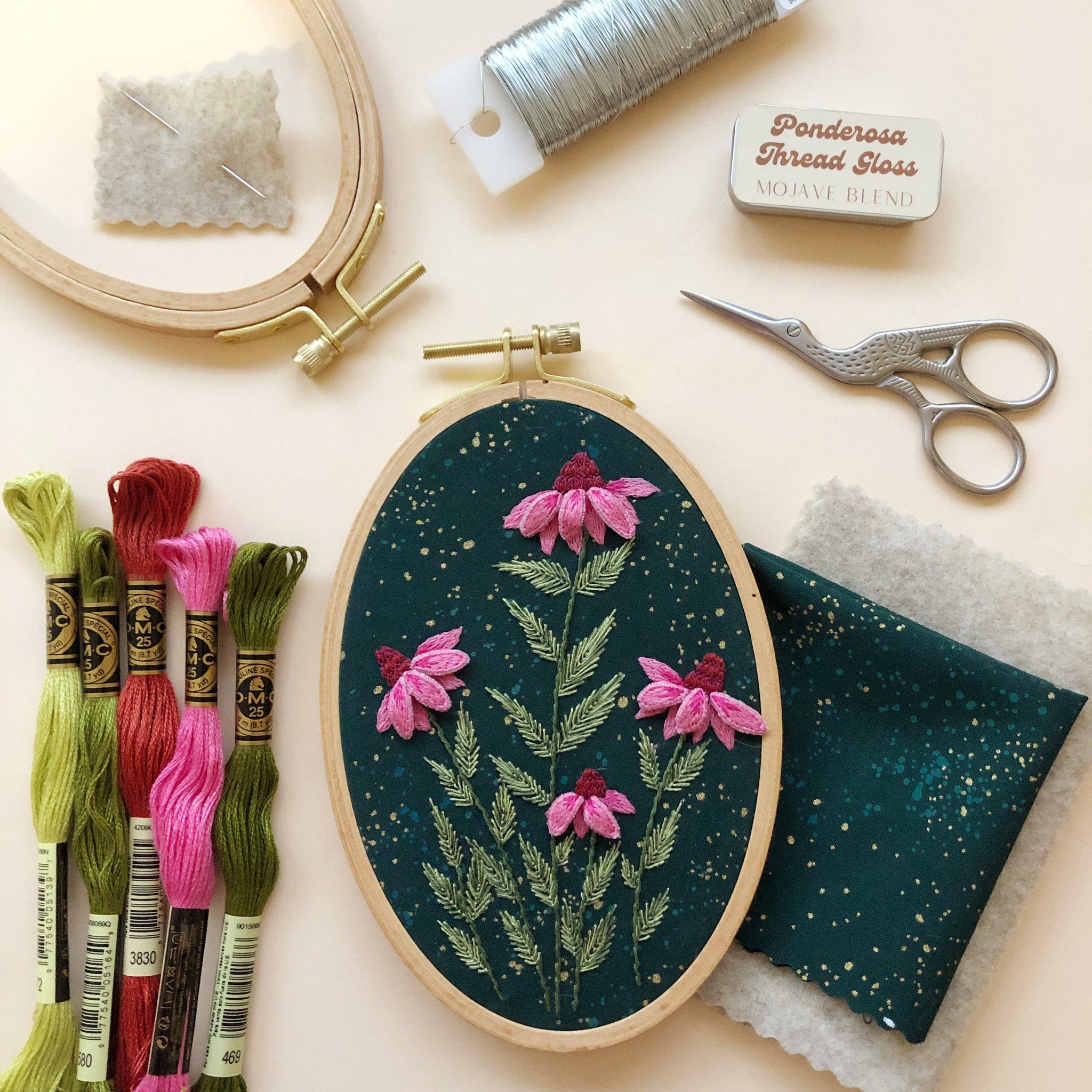 3D Coneflowers - Intermediate Hand Embroidery DIY Craft Kit - These Hands Makers Collective
