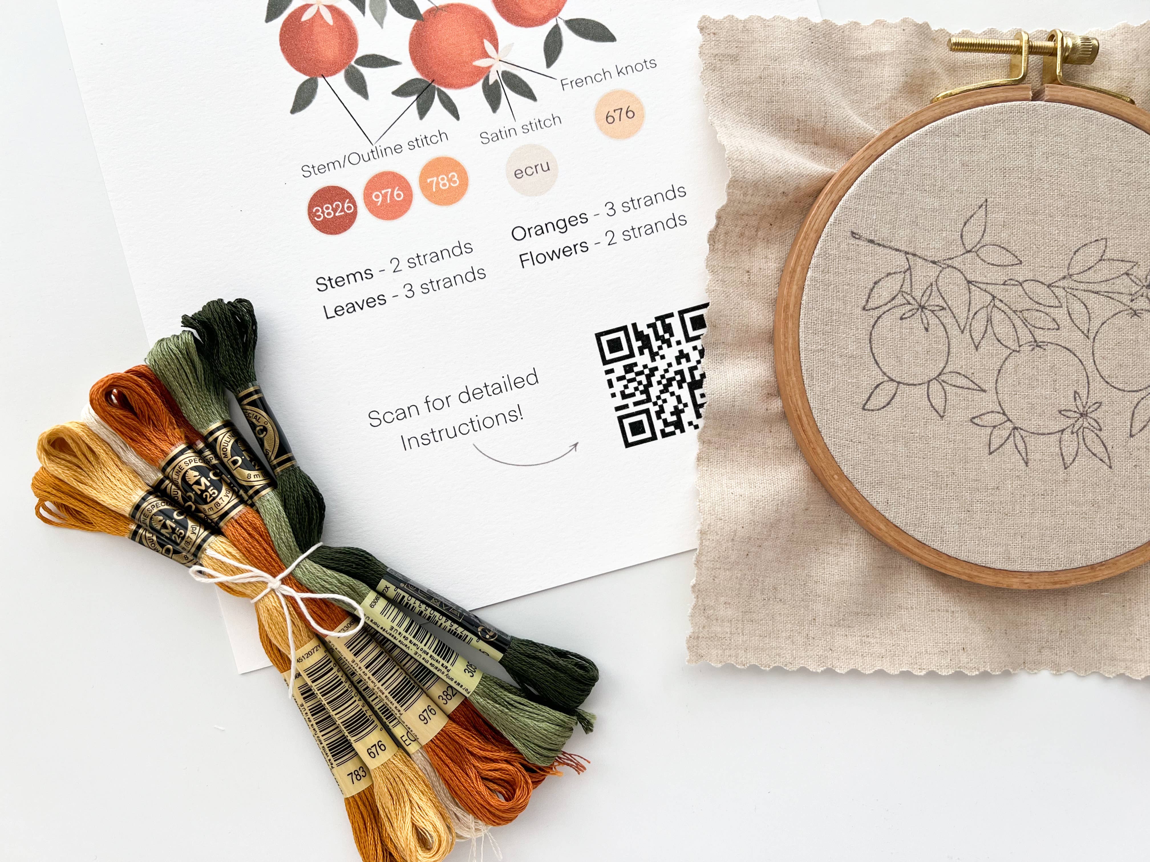 Orange Branch embroidery DIY kit, beginner embroidery kit