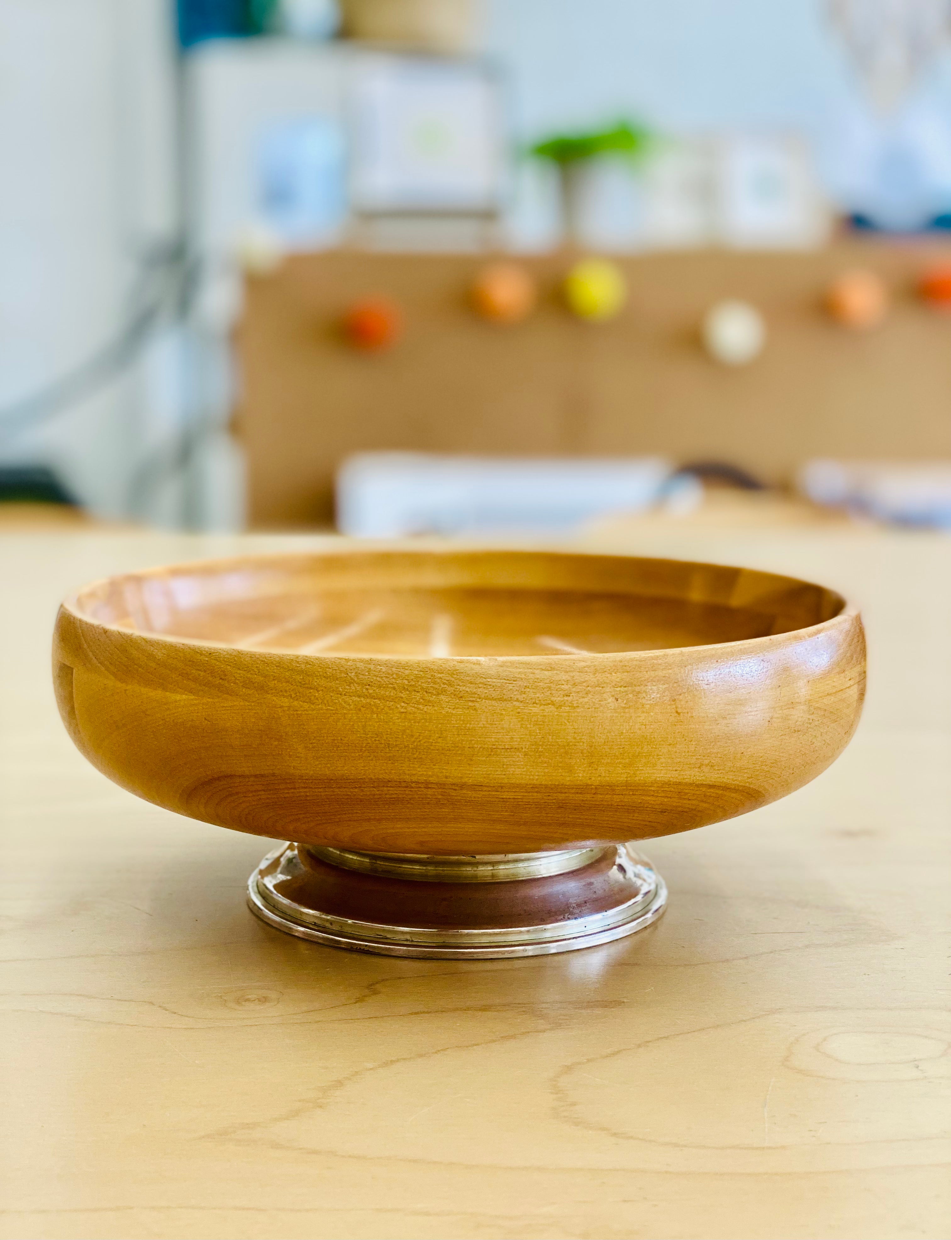 Vintage Wood Bowl Silver Foot