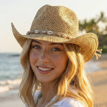 Load image into Gallery viewer, Straw Weave Cowrie Shell Rope Strap Cowboy Hat: KA - These Hands Makers Collective