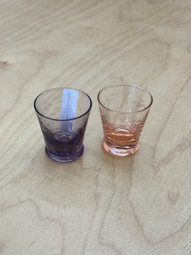 Pair of Vintage Etched Pink/Plum Shot Glasses