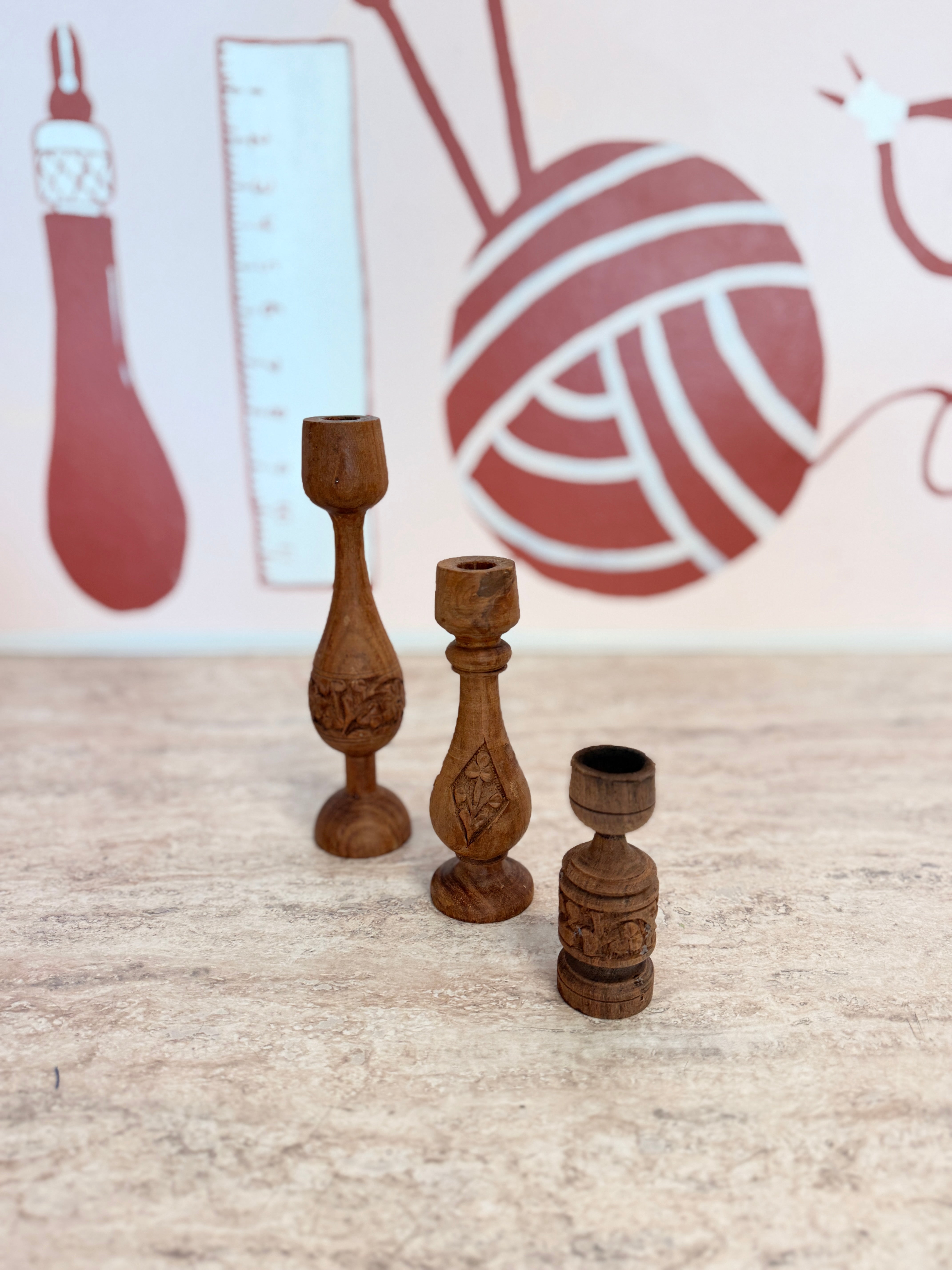 Vintage hand - carved wooden candlestick holders (Made in India) - These Hands Makers Collective
