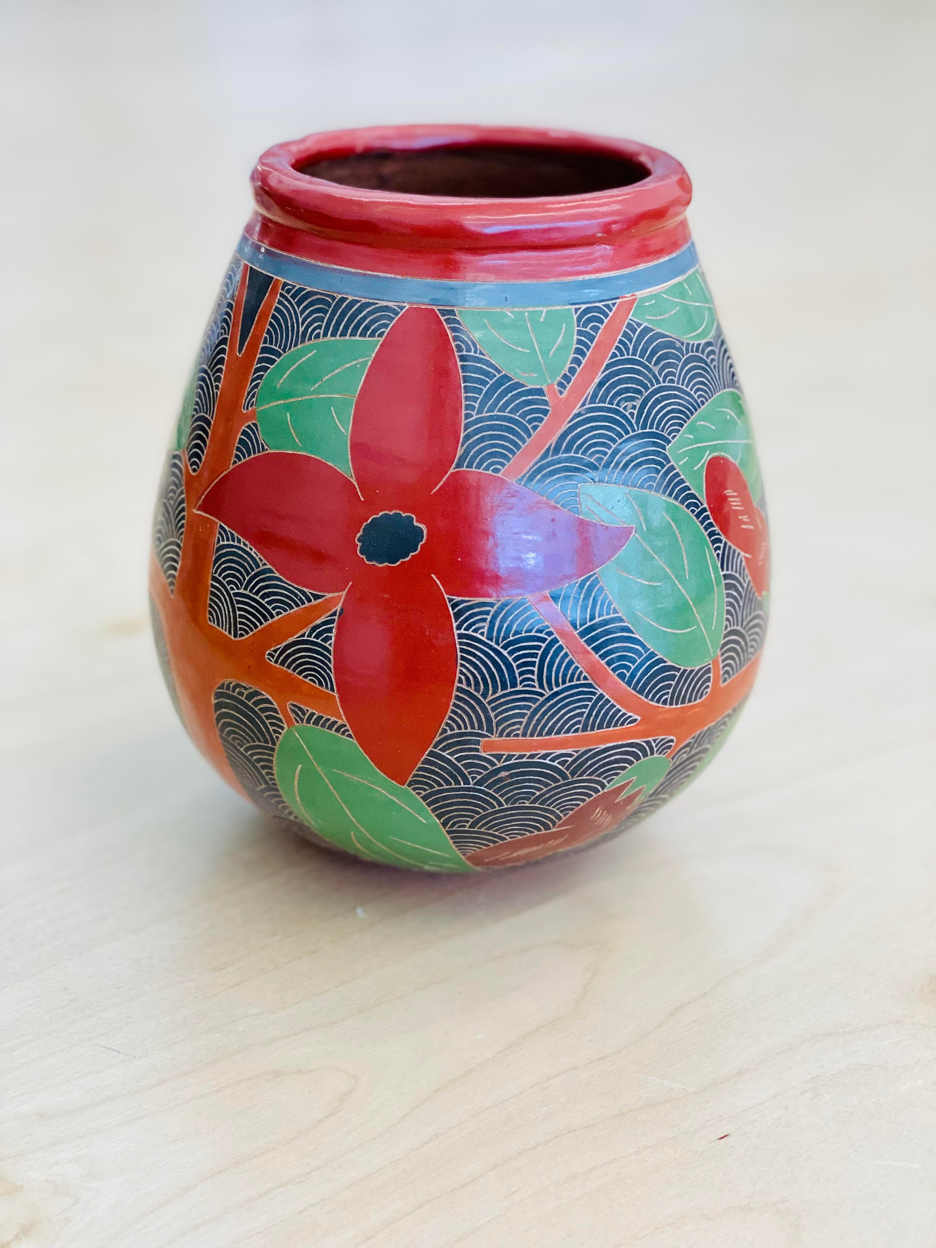 Vintage Bird and Red Flower Vase