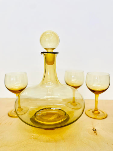 Vintage Gold Glass Decanter and 3 Glass set